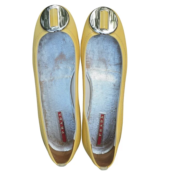 Prada Yellow Flats Silver Buckle Super Cute Bright Classic Shoes Haute Couture - Picture 5 of 11
